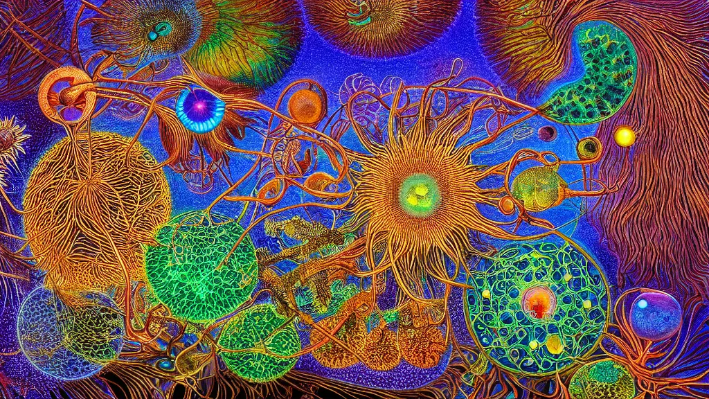 Image similar to quantum connections represented as symbiotic organisms like cells playing around with colorful lights by ernst haeckel, hyperrealistic