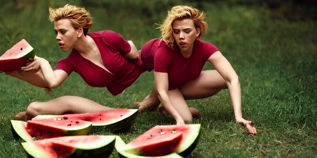 Image similar to scarlett johansson kicking and smashing a watermelon, film still, highly detailed, film grain, behind the scenes, photorealism