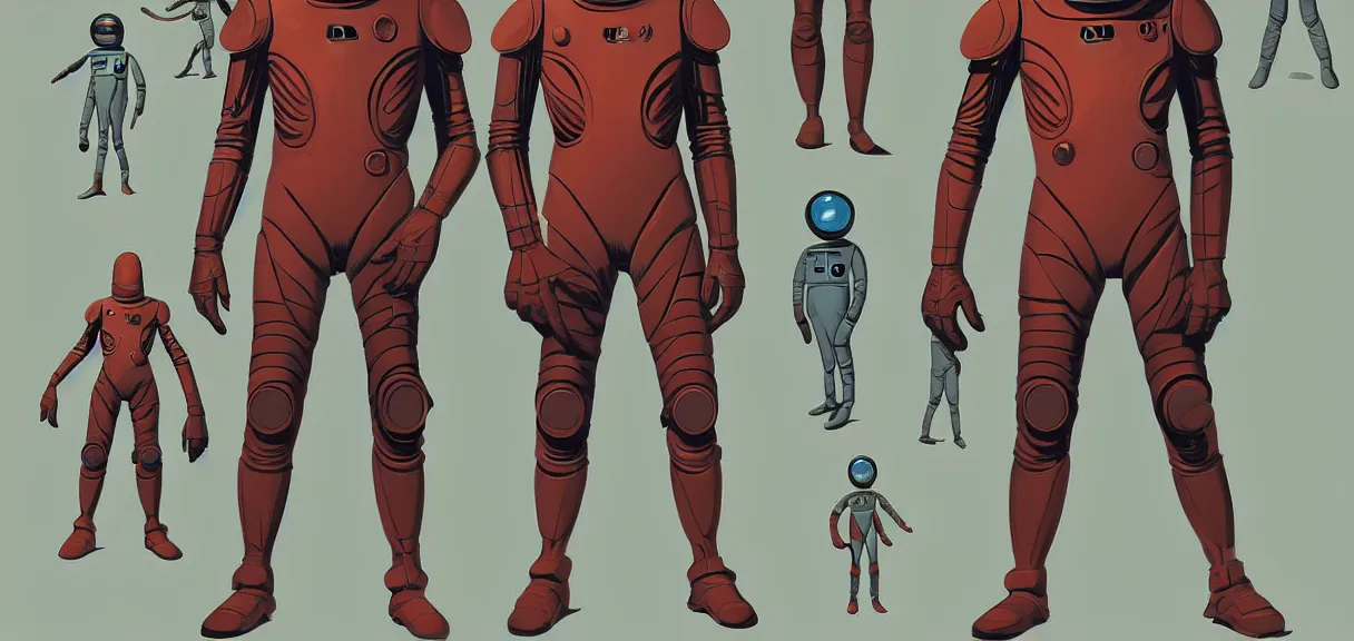 Image similar to male, full body, space suit with a modern helmet, large shoulders, short torso, long thin legs, tiny feet, character sheet, science fiction, very stylized character design, digital painting, by mike mignola, by alex maleev, jean giraud, painted by leyendecker