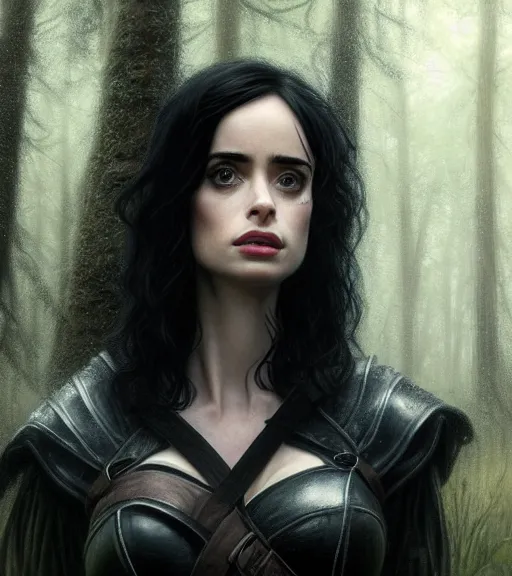 Image similar to 5 5 mm close up portrait photo of krysten ritter as yennefer of vengerberg in black leather armor and black hair, in a forest. magical atmosphere. art by greg rutkowski. lifelike. very detailed 8 k. intricate. soft light. nikon d 8 5 0.