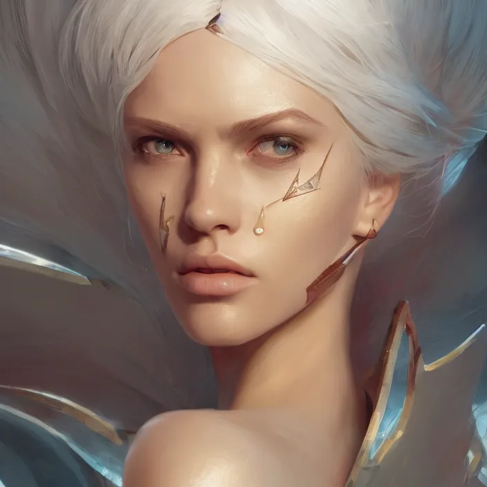 Image similar to a realistic detail portrait of a beautiful female angle has white hair in atlantis, magic, dragon, ink painting by julian calle, wlop, greg rutkowski, finnian macmanus, syd mead trending on artstation, red and yellow scheme, 8 k, unreal engine, wide - angle lens