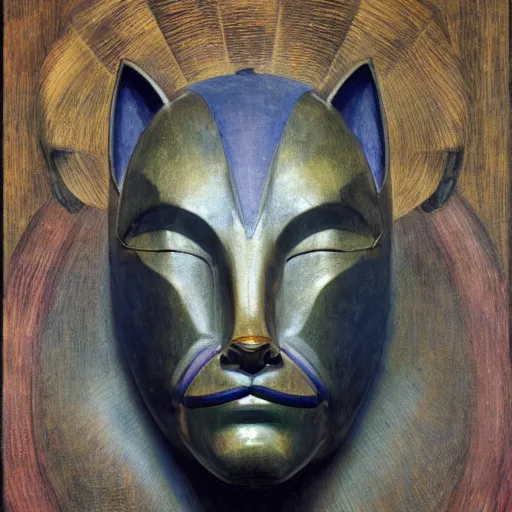 Image similar to masterpiece sculpture of a robot cat head mask, by annie swynnerton and diego rivera and nicholas roerich and jean delville, symbolist, dramatic lighting, god rays, elaborate geometric ornament, art brut, rich colors, smooth, sharp focus, extremely detailed, adolf wolfli and ( donato giancola )