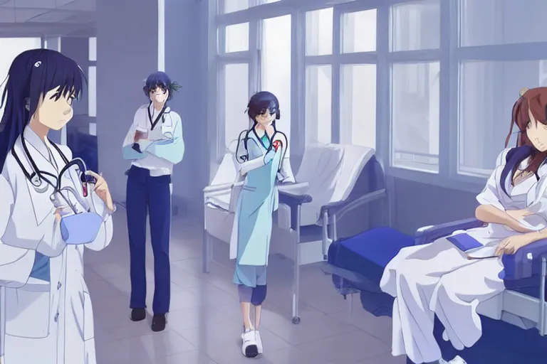 Image similar to a cute and beautiful young female doctor wearing white coat are talking with an elegant nurse wearing blue coat in a hospital ward, slice of life anime, anime scenery by Makoto shinkai