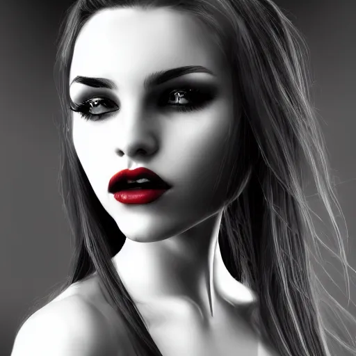 Image similar to Digital portrait of a beautiful half-elf half-vampire young woman. Black and white hair. Red irises, vertical pupils. Award-winning digital art, trending on ArtStation