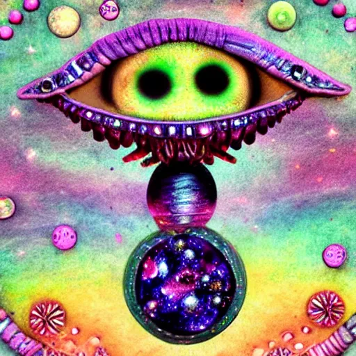 Prompt: alien with jewels for eyes, on exotic dreamy planet, highly detailed, felt, mixed media collage