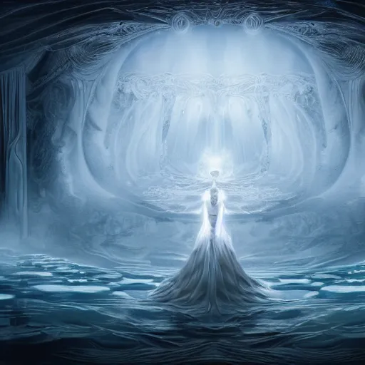 Image similar to white pool with intricate and surreal magic circles of white water within which float goddess of illusion, beautiful, magic doorway, mist, bioluminescence, dressed in intricate veils and jewels, epic environment, matte painting, diffused lighting, highly detailed cinematic, epic atmosphere, diffused lighting, highly detailed digital art, trending on artstation, depth of field, wide angle