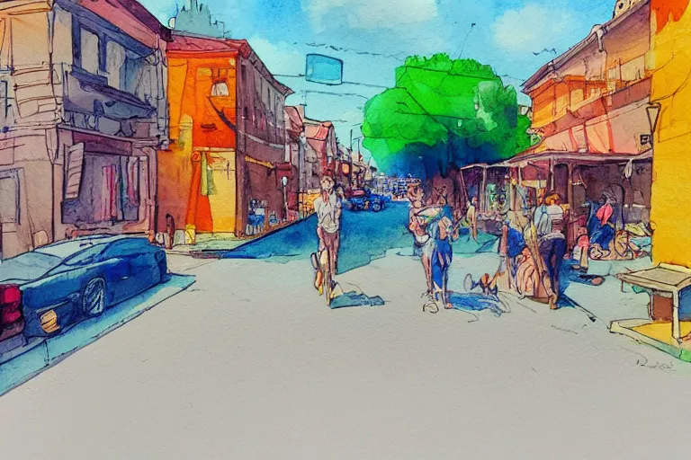 Prompt: street summer watercolor pen bright color on artstation