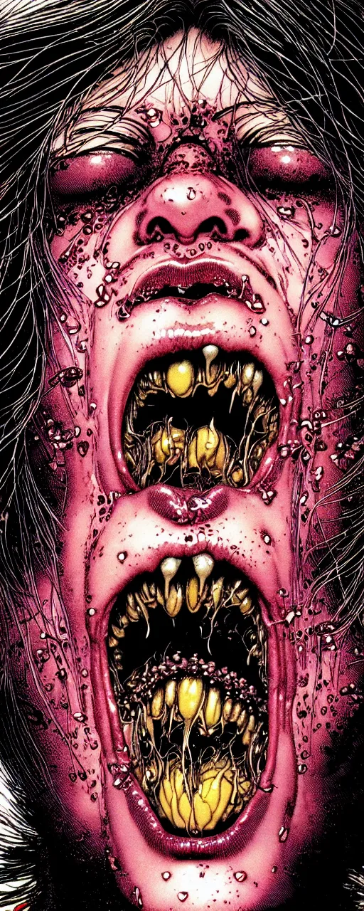 Image similar to closeup of face melting in agony with tongue, by yoichi hatakenaka, masamune shirow, josan gonzales and dan mumford, ayami kojima, takato yamamoto