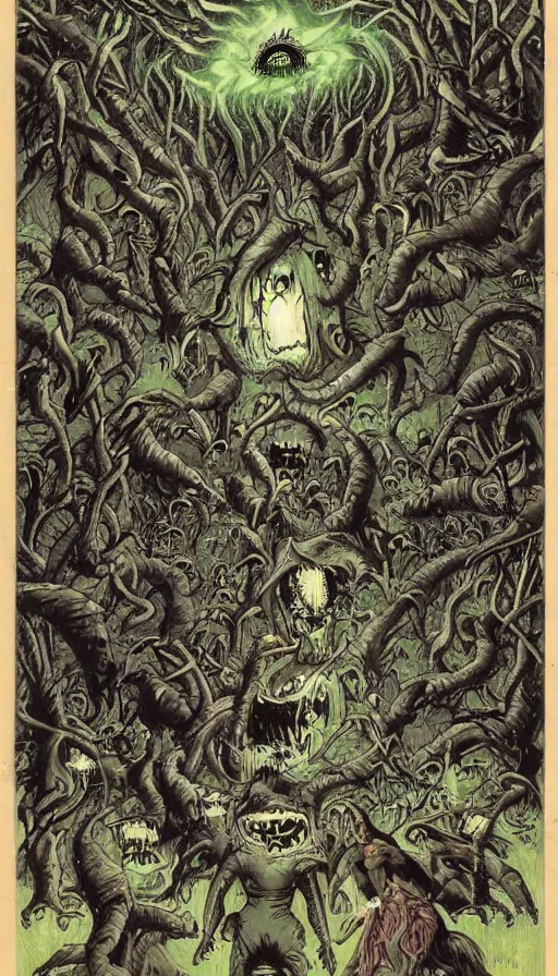 Image similar to a storm vortex made of many demonic eyes and teeth over a forest, by don bluth