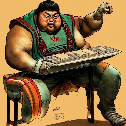 Image similar to a insanely detailed painting of a slightly overweight asian man wearing a homemade superhero costumed, sitting at a computer desk nervously typing on the keyboard, in the style of peter mohrbacher, dramatic lighting and composition, trending on artstation, concept art, comic book, graphic novel