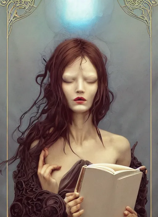 Prompt: Floating thespian mask, bodyless, alone, book, art nouveau, Detailed Digital Art, Oil Paining, Exquisite detail, post-processing, masterpiece, Cinematic Lighting, Unreal Engine, 8k, HD, Stanley Artgerm Lau, WLOP, Rossdraws, Frank Frazetta, Andrei Riabovitchev, Marc Simonetti, trending on artstation