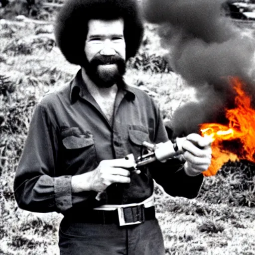 Image similar to bob ross holding a flamethrower in the vietnam war