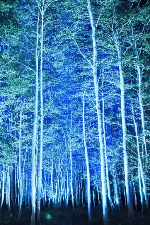 Prompt: A forest of glowing blue trees at night