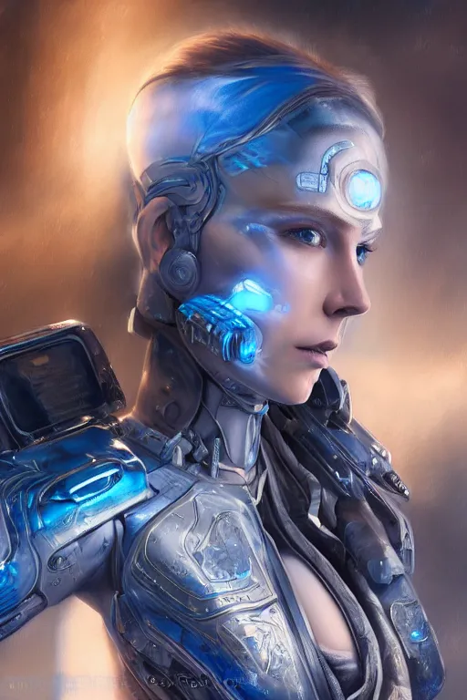 Prompt: ultra realist and ultra intricate detailed soft painting of a beautiful sci-fi armored female, thin lustrous long blond hair shaved on one side, symmetry features, glowing blue eyes, sensual gloomy style, volumetric clouds, cyberpunk background, military, assault rifle, artstation, unreal render, depth of field