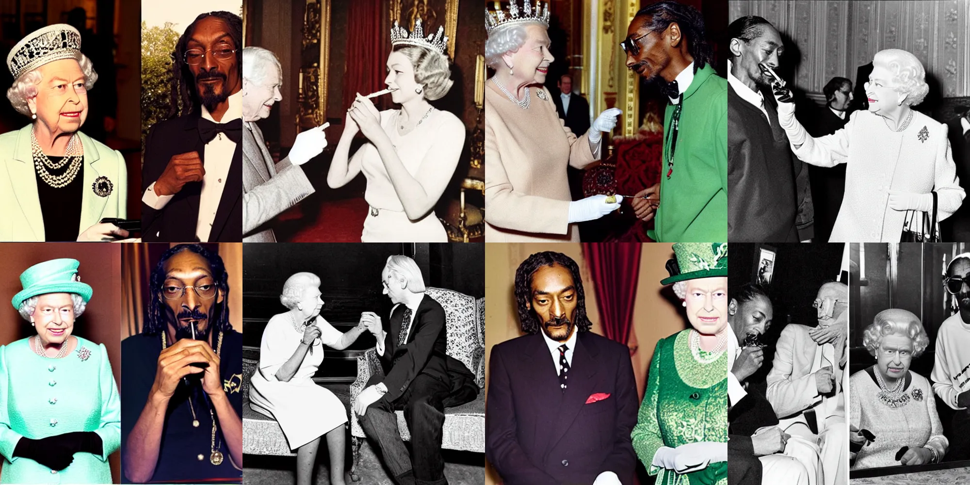 Prompt: Queen Elizabeth smoking weed with Snoop Dogg