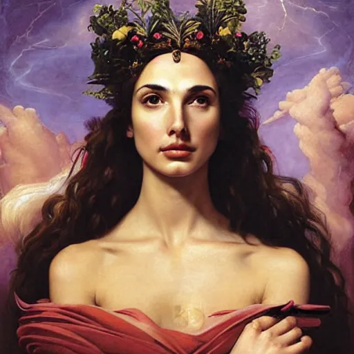 Prompt: Head and shoulders masterpiece portrait oil painting of the beautiful goddess Gal Gadot as Persephone, she is wearing roman clothes and a surreal jewelry, her hair is natural disheveled, she is approaching heaven over the clouds, naturalism, dramatic lighting, high-detailed oil painting by Ilya Repin, Michelangelo da Caravaggio, William Blake, Alex Grey and Beksinski, trending on Artsation, hystorical painting, naturalism, masterpiece, 4k, 8k,