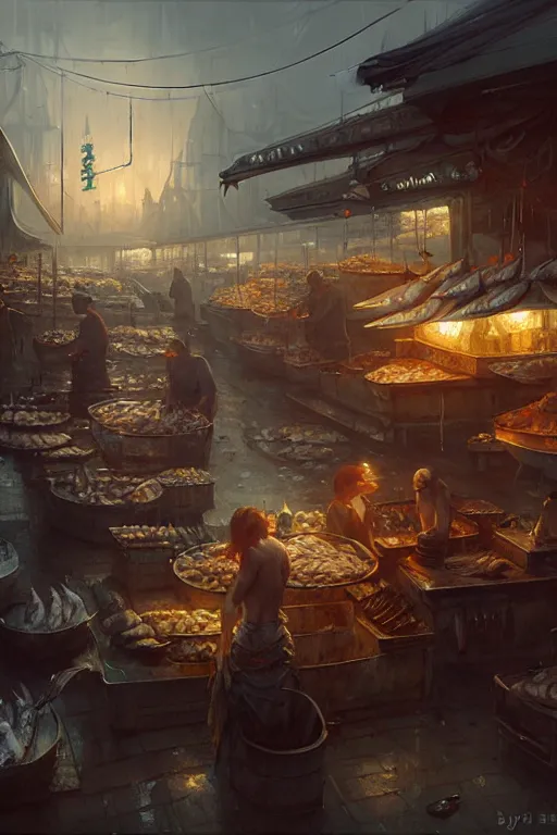 Image similar to fish market by bayard wu, anna podedworna, greg rutkowski, giger, maxim verehin