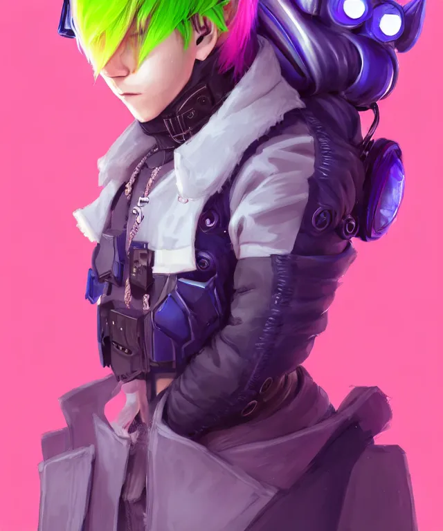 Image similar to character concept art of a cute cyberpunk boy with colorful hair and wolf ears wearing tight clothing | | cute - fine - face, pretty face, key visual, realistic shaded perfect face, fine details by stanley artgerm lau, wlop, rossdraws, james jean, andrei riabovitchev, marc simonetti, and sakimichan, trending on artstation