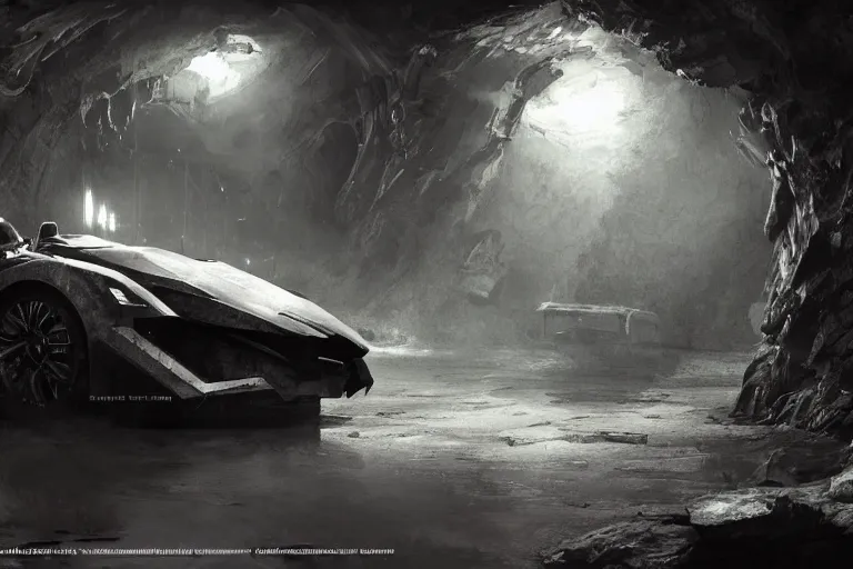 Image similar to the batmobile standing in a very dark and wet cave. highly detailed. intricate. mist. atmospheric. octane render. rim light. photoreal. 8 k. monochrome. cinematic. matte painting imagined by craig mullins and greg rutkowski. concept art, trending on artstation.