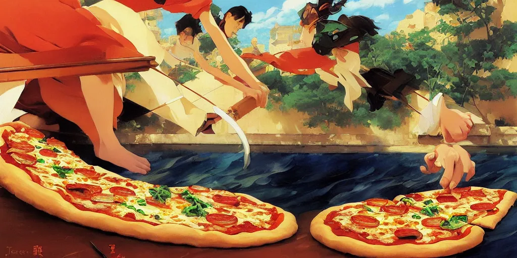 Prompt: Delicious pizza, by studio ghibli painting, by Joaquin Sorolla rhads Leyendecker, An aesthetically pleasing, dynamic, energetic, lively, well-designed digital art of a pizza, overlaid with aizome patterns, by Ohara Koson and Thomas Kinkade, traditional Japanese colors, superior quality, masterpiece