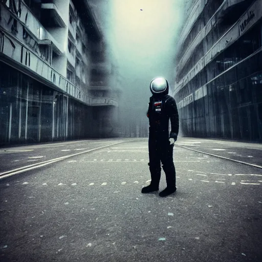 Prompt: lomo photo of astronaut in abandoned London, gloomy, foggy, dark