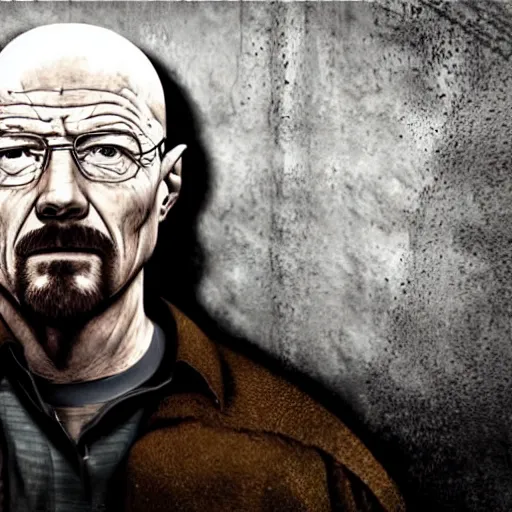 Image similar to Walter white hiding in a sewer, dark, unlit, photorealistic