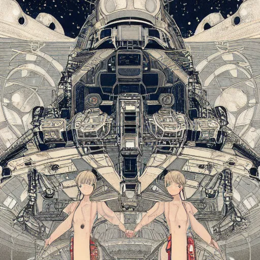 Image similar to a beautiful ukiyo painting of retrofuturistic space station, detailed symmetrical close up portrait, intricate complexity, by takato yamamoto, wlop, krenz cushart. cinematic dramatic atmosphere, sharp focus