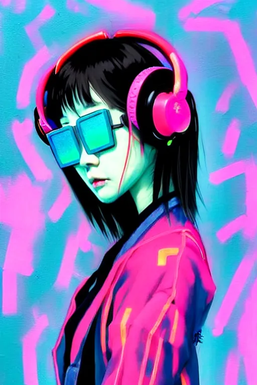 Prompt: stylized japanese cyberpunk girl, wearing : urban techwear, neon - kitty headphones and cyber sun glasses, painted in acrylic, pigment textures, in the colors hot pink and cyan, beautiful realistic face, rule of thirds, spotlight, by greg rutkowski, by jeremy mann, by francoise nielly, by van gogh, by ross tran, in focus