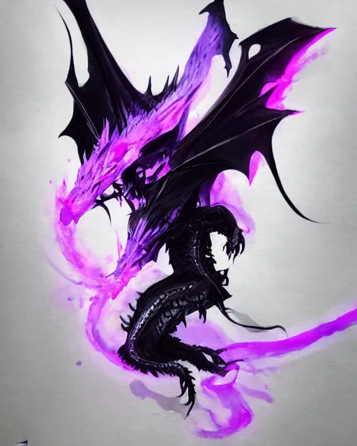 Image similar to concept art of a black dragon with purple neon wings, highly detailed painting by dustin nguyen, akihiko yoshida, greg tocchini, 4 k, trending on artstation, 8 k