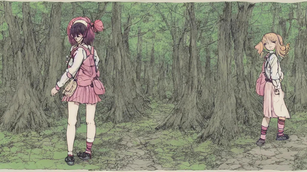 Prompt: cute schoolgirl walk in the forest, in style of katsuya terada,