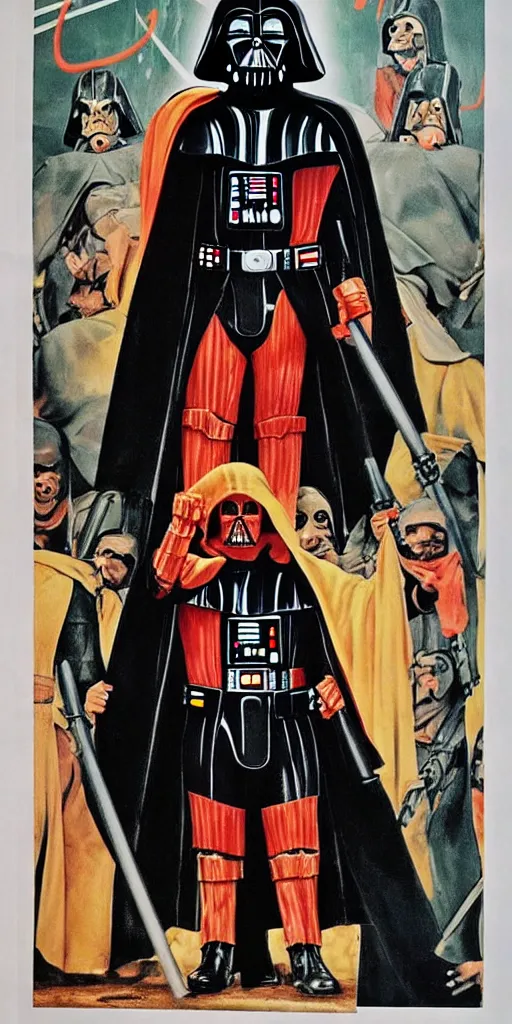 Image similar to darth vader in a 1 9 7 0 s iranian propaganda poster talking about the spanish inquisition.