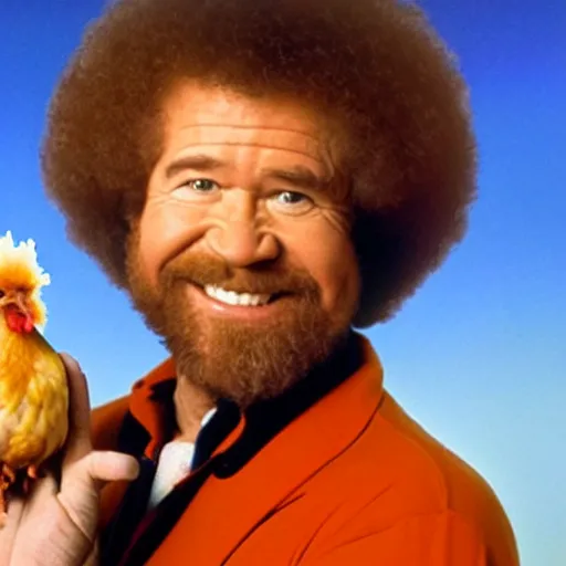 Image similar to bob ross holding a chicken on mars,