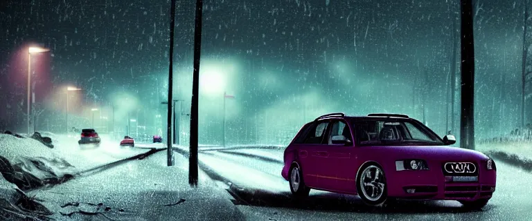 Image similar to Audi A4 B6 Avant (2002), a gritty neo-noir, dramatic bright lighting, cinematic, establishing shot, extremely high detail, photorealistic, cinematic lighting, artstation, by simon stalenhag, Snowy finnish road, At night, Poets of the Fall - Late Goodbye