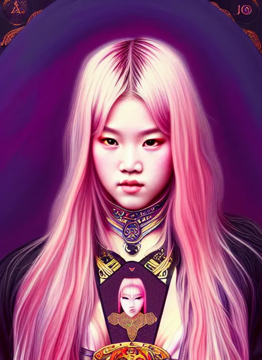 Image similar to jossi of blackpink, samurai, tarot card, highly detailed, digital painting, smooth, sharp focus, illustration, ultra realistic, 8 k, art by artgerm and alphonse mucha