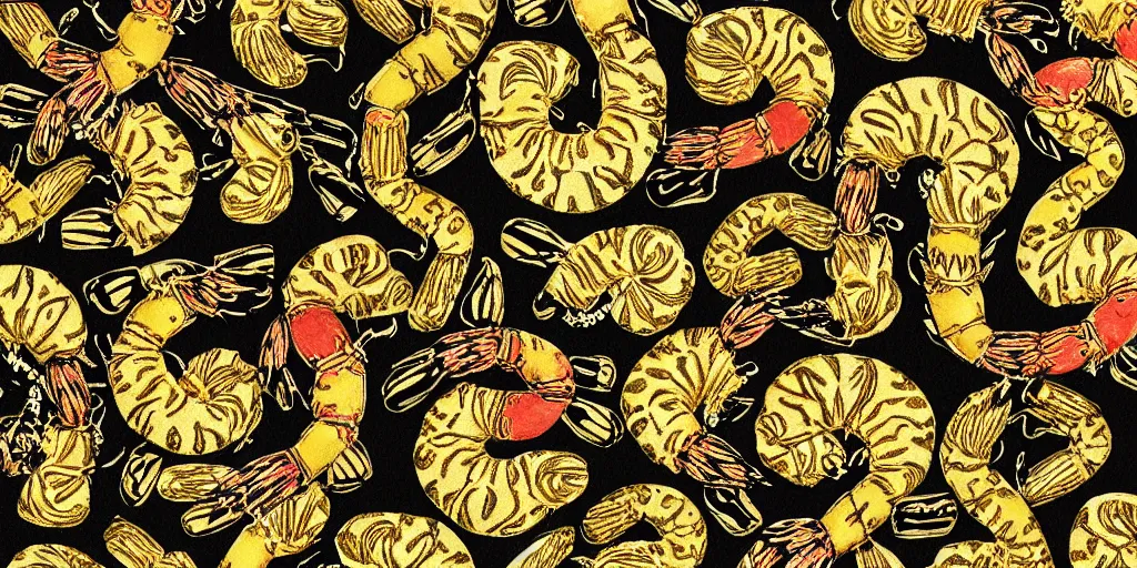 Prompt: versace gucci textile print design detailed intricate gold black tiger shrimp digital file high resolution