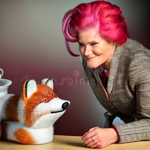 Image similar to captain janeway sharing coffee with a robotic fox with pink hair, inside a french cafe, real life photo, hdr 8 k advertising photography, studio lighting