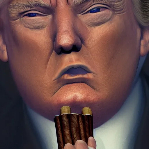 Prompt: a high quality photo of donald trump smoking a cigar, ultra realistic, artstation, cgsociety
