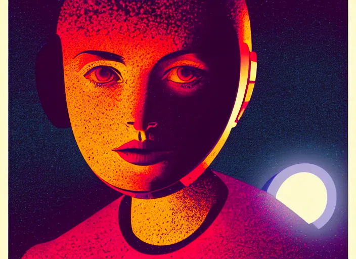 Prompt: portrait of a young astronaut girl, colorful, modern art deco, mads berg, karolis strautniekas, stippled light, fine texture, editorial illustration, dramatic lighting, dynamic composition, detailed, matte print, dynamic perspective, muted color