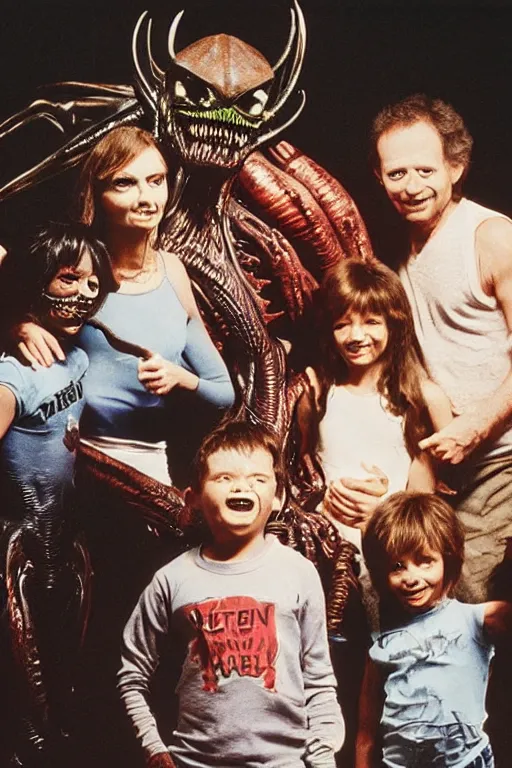 Prompt: alien monster mutant family photo, 1 9 8 0 s, olan mills studio, xenomorph, creepy, scary, nightmare, color, cinematic, oat studio, neill blomkamp, district 9