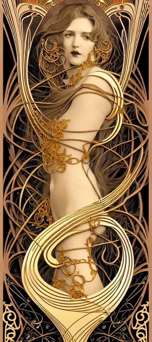 Image similar to the source of future growth dramatic, elaborate emotive Art Nouveau styles to emphasise beauty as a transcendental, seamless pattern, symmetrical, large motifs, hyper realistic, 8k image, 3D, supersharp, Art nouveau 3D curves and swirls, copper and Gold pipes, silk ribbons and golden chains, swarovski crystals, iridescent and black and shiny gold colors , perfect symmetry, iridescent, High Definition, sci-fi, Octane render in Maya and Houdini, light, shadows, reflections, photorealistic, masterpiece, smooth gradients, no blur, sharp focus, photorealistic, insanely detailed and intricate, cinematic lighting, Octane render, epic scene, 8K