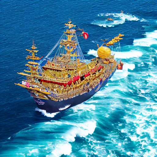 Image similar to thousand sunny ship from one piece, aerial, photorealistic, by professional photographer