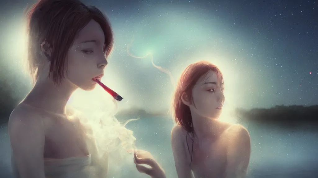 Image similar to whimsical, a beautiful playful woman, wearing professional makeup, standing in a lake, blowing smoke, under the stars, with a binary black hole with a ring in the sky, by Studio Ghibli, by Greg Rutkowski, by Steve Argyle, face enhance, volumetric lighting, 4k resolution, octane render, trending on artstation