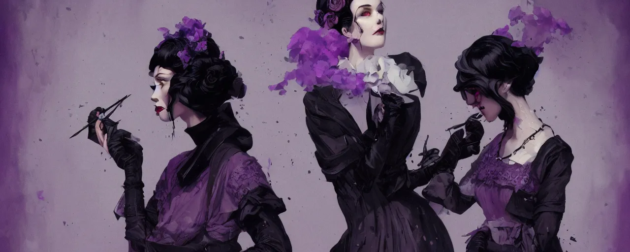 Image similar to duotone dark lilac background noir illustration 3 / 4 portrait of iris von everec black hair in black gothic victorian furneal clothes. eatheral dreamy atmosphere dynamic composition by sachin teng and sergey kolesov and ruan jia and heng z. graffiti art, scifi, fantasy, hyper detailed. octane render. concept art. trending on artstation