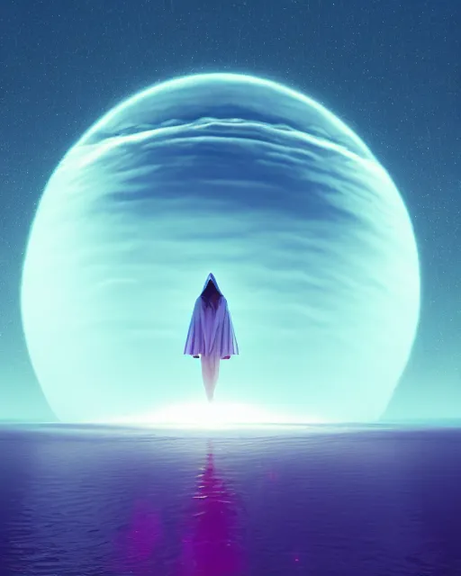 Image similar to a person wearing a white cloak that's blowing in the wind. they are standing in the water. a large planet with rings is visible in the sky. an album cover by stanley twardowicz, trending on cg society, retrofuturism, retrowave, chillwave, synthwave, 3 d render, unreal engine