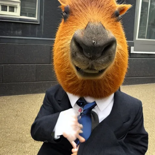 Image similar to an antropomorphic capybara wearing a suit