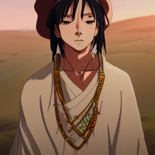 Prompt: Beautiful anime portrait of Haku from Spirited away as a rich egyptian prince in the desert by WLOP, highly detailed, intricate, trending on ArtStation