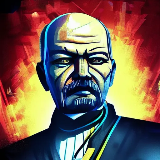 Image similar to cyberpunk vladimir lenin as the leader of a futuristic communist society, cybernetics, sharp lines, digital, artstation, colored in