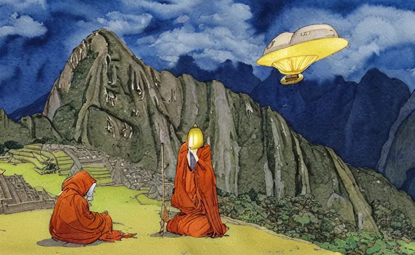 Image similar to a realistic and atmospheric watercolor fantasy concept art of a golden ufo hovering above machu pichu. in the foreground a female medieval monk in grey robes is kneeling with her hands by her sides. by rebecca guay, michael kaluta, charles vess