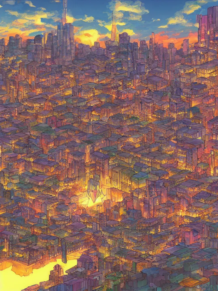 Prompt: a digital art of sunset, a metropolis beside the river, by studio ghibli and hayao miyazaki, highly - detailed, anime, deviantart