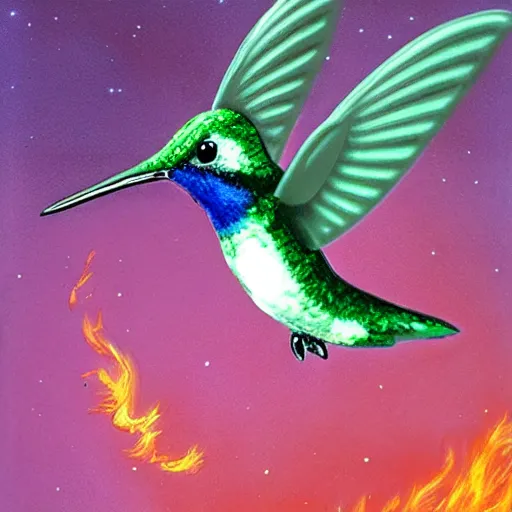 Prompt: hummingbird on fire in space